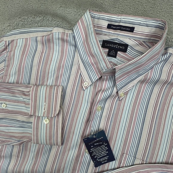 NWT Lands' End Men's‎ Long Sleeve Button Front Shirt Size 16 Large Striped - Picture 1 of 7